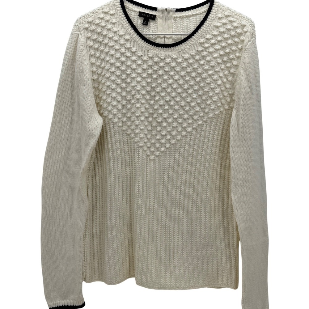 Talbots Cream Textured Knit Sweater with Black Trim Size L